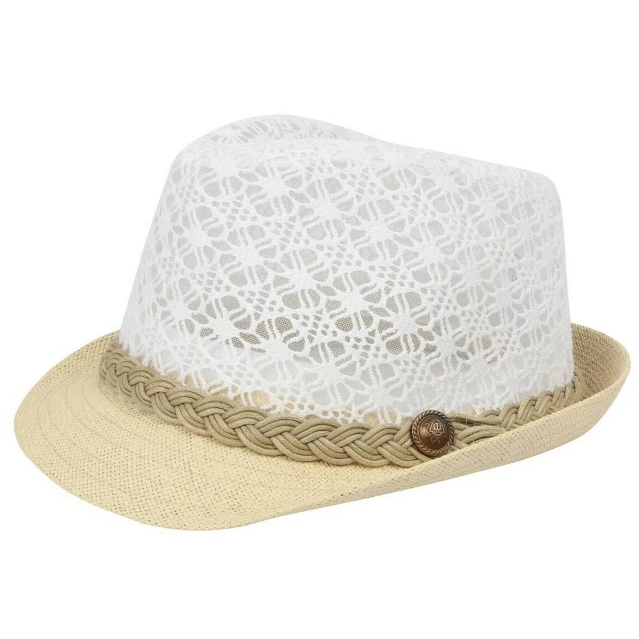 Ladies lace effect trilby sun hat in white with woven braid band and button detail